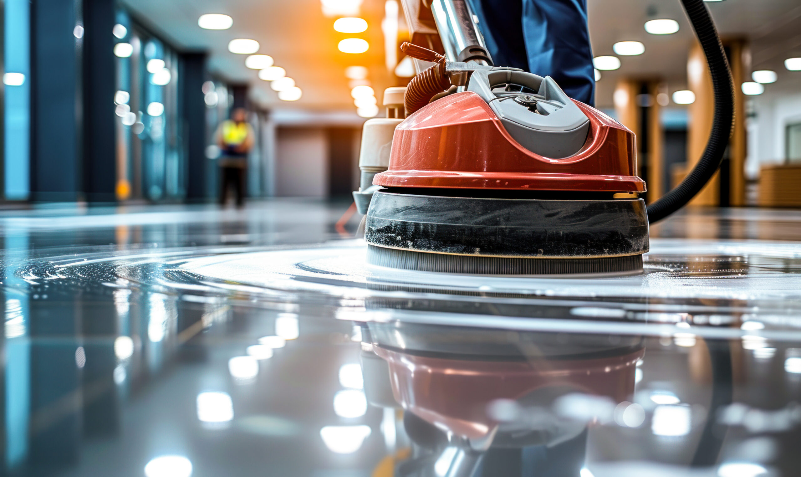 professional janitorial staff using an industrial floor buffer machine for cleaning and polishing the hallway of a modern corporate or commercial building