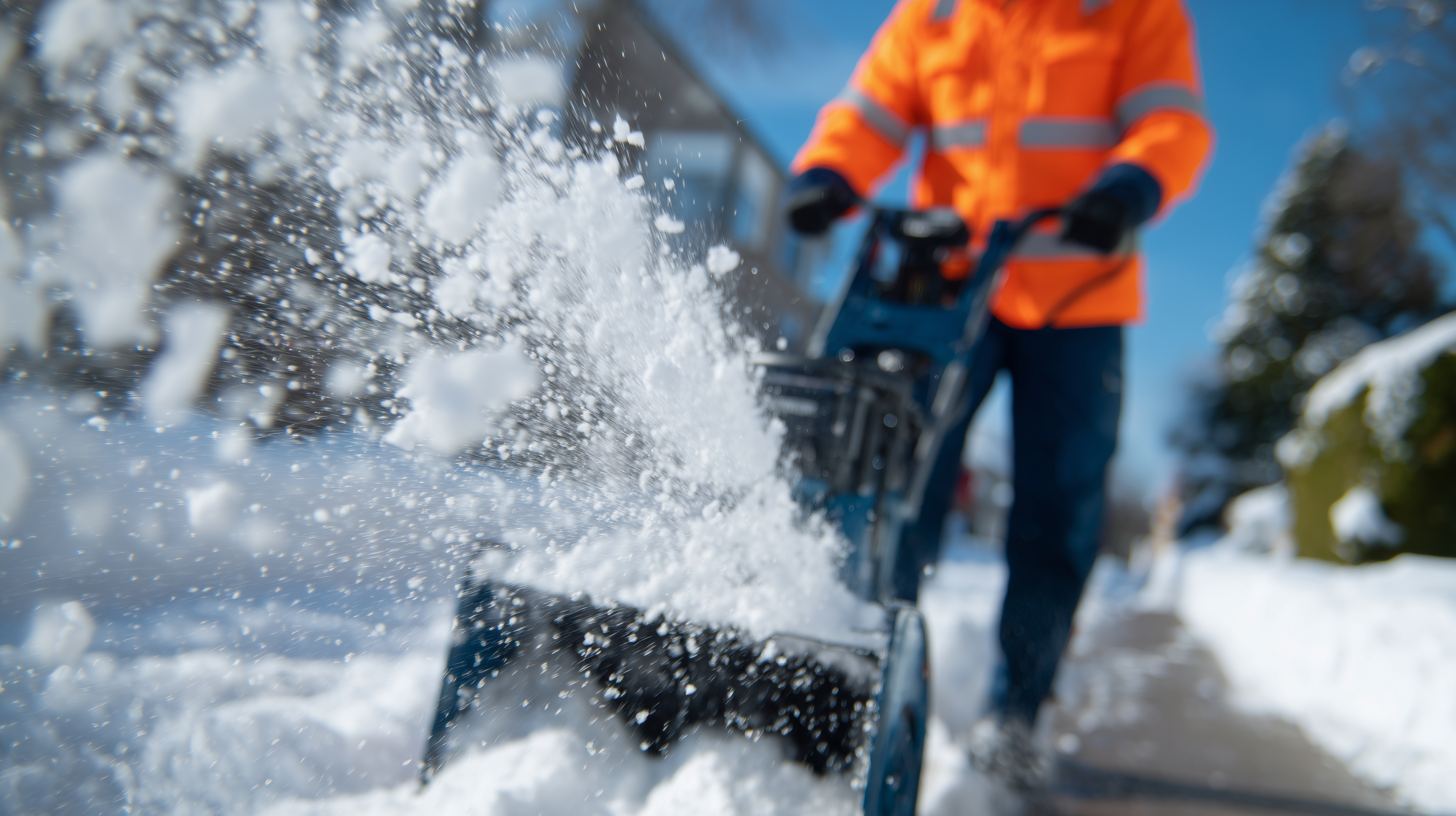 municipal worker using snow blower on narrow sidewalk, snow spraying upward, orange jacket and reflective stripes in sharp focus, background softly blurred